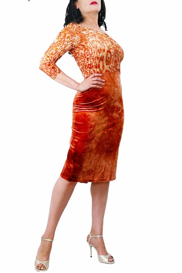 burnt orange velvet tango dress with fishtail skirt and sleeves - Atelier Vertex