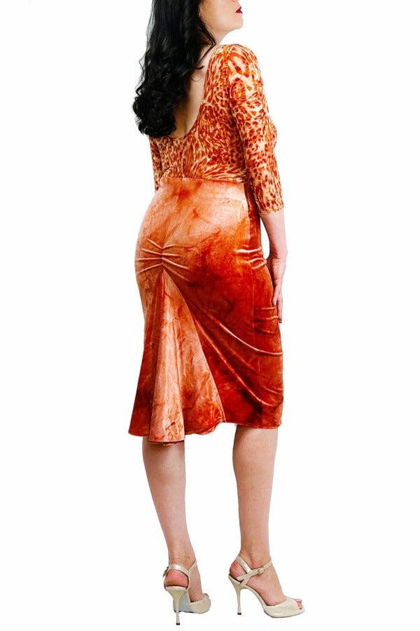 burnt orange velvet tango dress with fishtail skirt and sleeves - Atelier Vertex