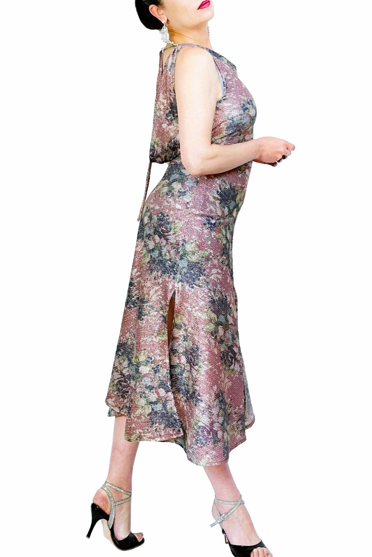 crinkled shimmering floral STELLA tango dress with slits - Atelier Vertex