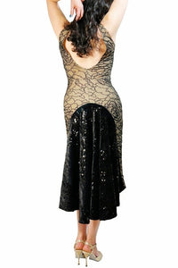 flocked floral & black velvet-sequin LOLA tango dress with open back and tail - Atelier Vertex