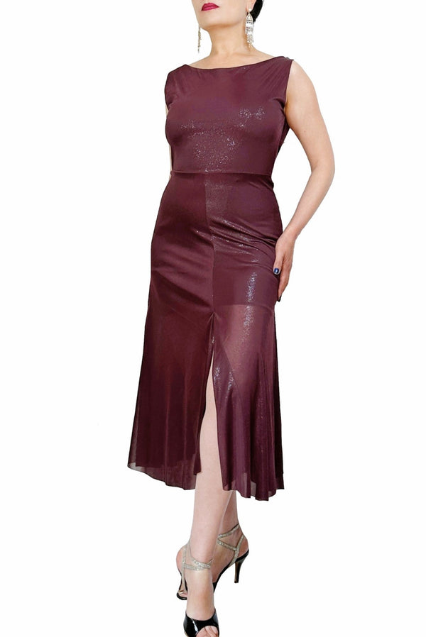 maroon shimmer STELLA tango dress with slits - Atelier Vertex