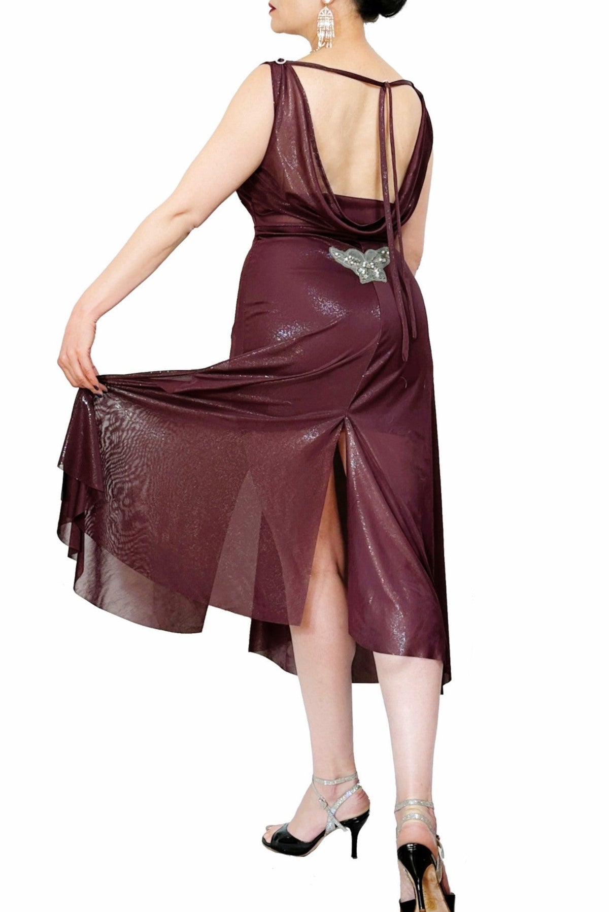 maroon shimmer STELLA tango dress with slits - Atelier Vertex