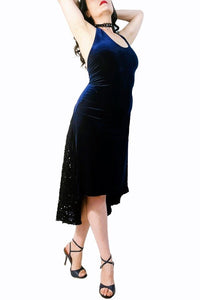 midnight blue velvet & sequin halter tango dress with open back and tail - Atelier Vertex