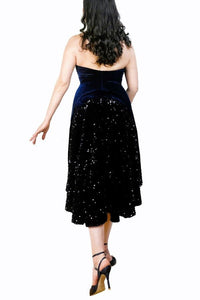 midnight blue velvet & sequin halter tango dress with open back and tail - Atelier Vertex