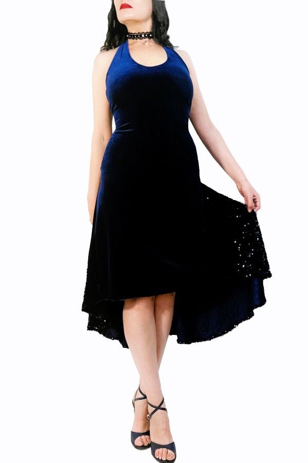 midnight blue velvet & sequin halter tango dress with open back and tail