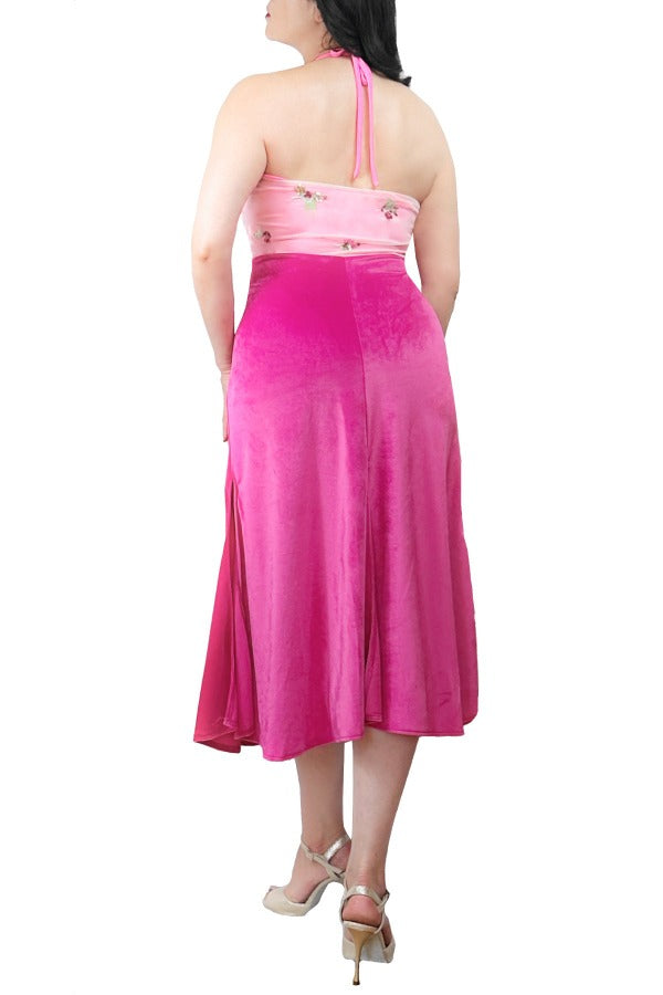 pink velvet & sequin flowers STELLA tango dress with slits - Atelier Vertex