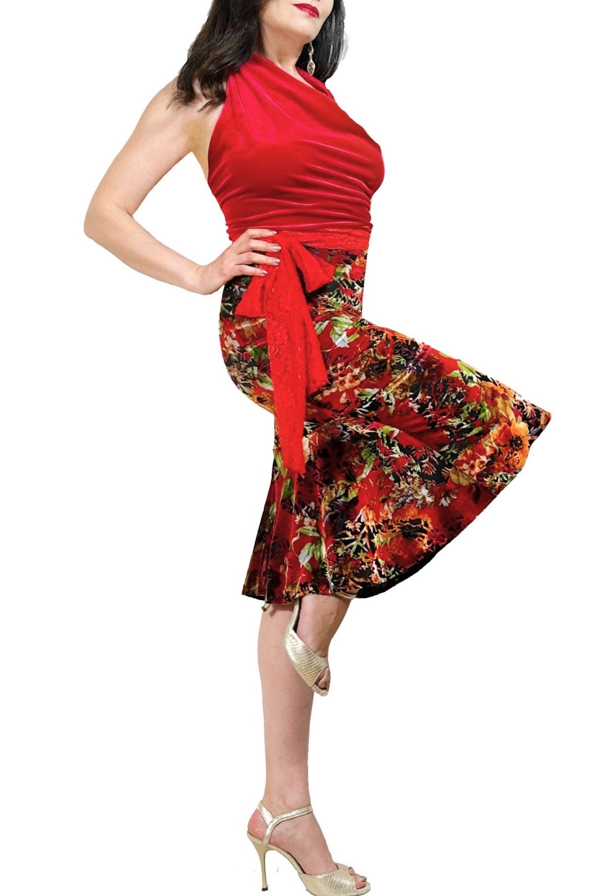 red fantasy burnout velvet tango skirt with flared back - Atelier Vertex