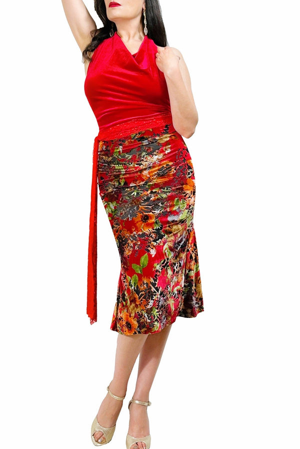 red fantasy burnout velvet tango skirt with flared back - Atelier Vertex