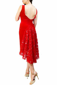 red velvet & sequin flowers LOLA tango dress with open back and tail - Atelier Vertex