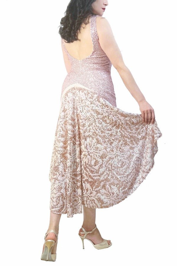 rose pink & floral sequin LOLA tango dress with open back and tail - Atelier Vertex