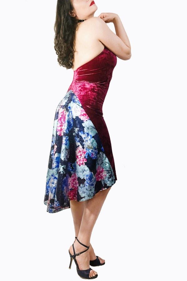 rose velvet & floral sequin halter tango dress with open back and tail - Atelier Vertex