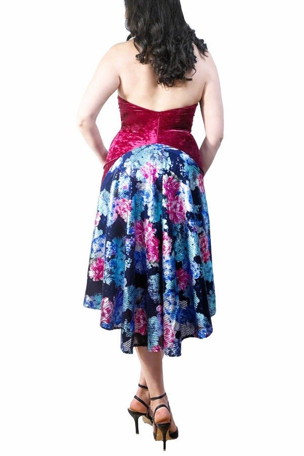 rose velvet & floral sequin halter tango dress with open back and tail - Atelier Vertex
