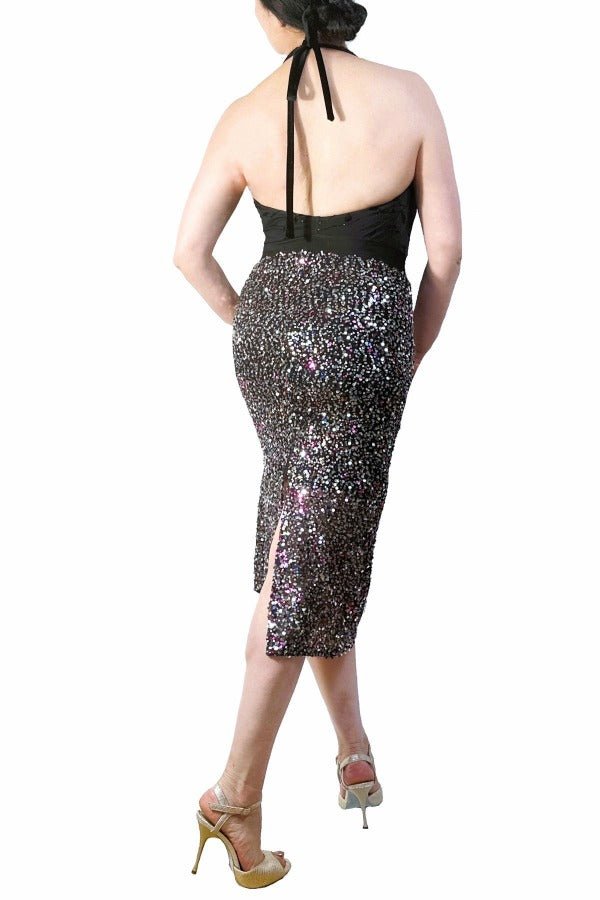 sequin confetti and black halter tango dress with back slit - Atelier Vertex