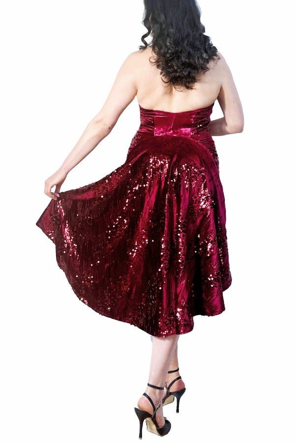 sequin-embroidered burgundy velvet halter tango dress with open back and tail - Atelier Vertex