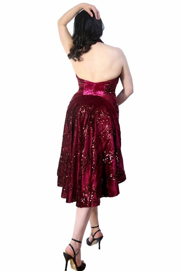 sequin-embroidered burgundy velvet halter tango dress with open back and tail - Atelier Vertex
