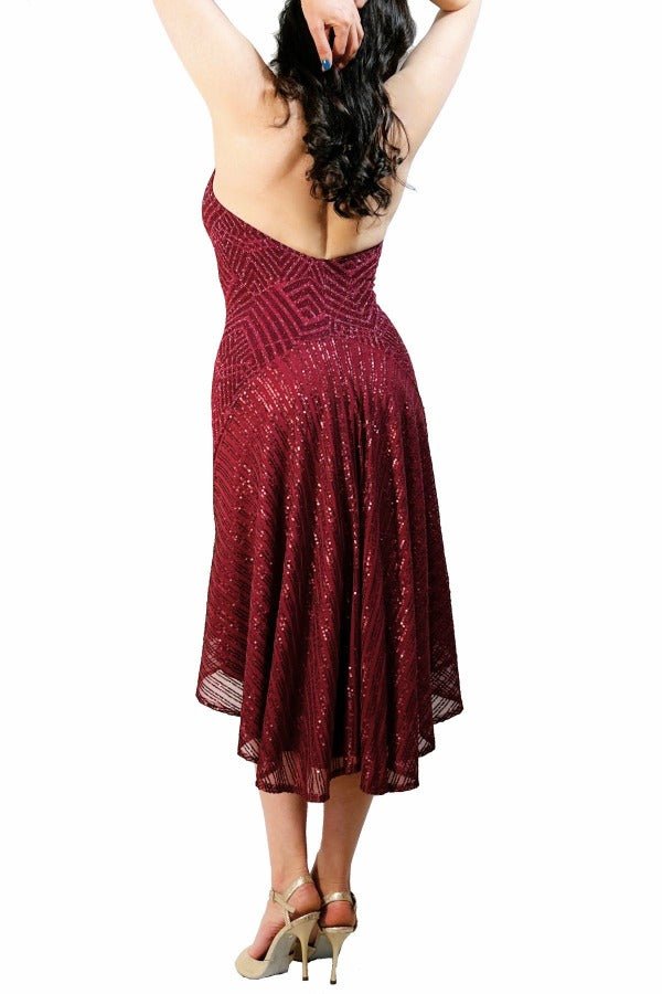 shimmering burgundy & sequin halter tango dress with open back and tail - Atelier Vertex