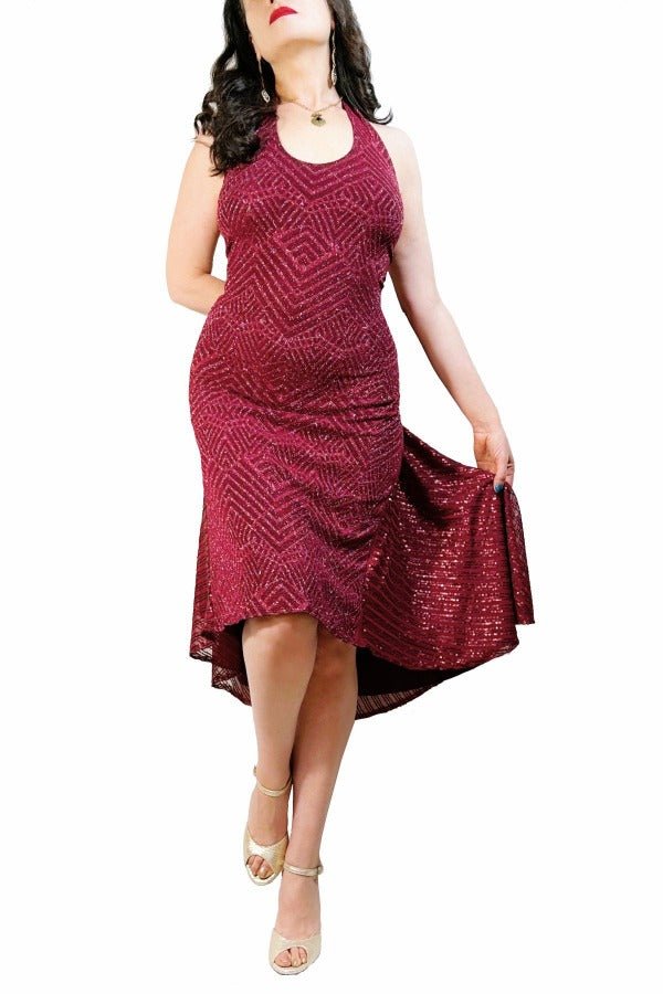 shimmering burgundy & sequin halter tango dress with open back and tail - Atelier Vertex
