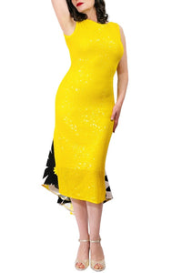 yellow sequin & daisies LOLA tango dress with open back and tail - Atelier Vertex