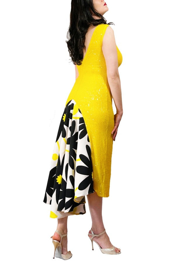 yellow sequin & daisies LOLA tango dress with open back and tail - Atelier Vertex